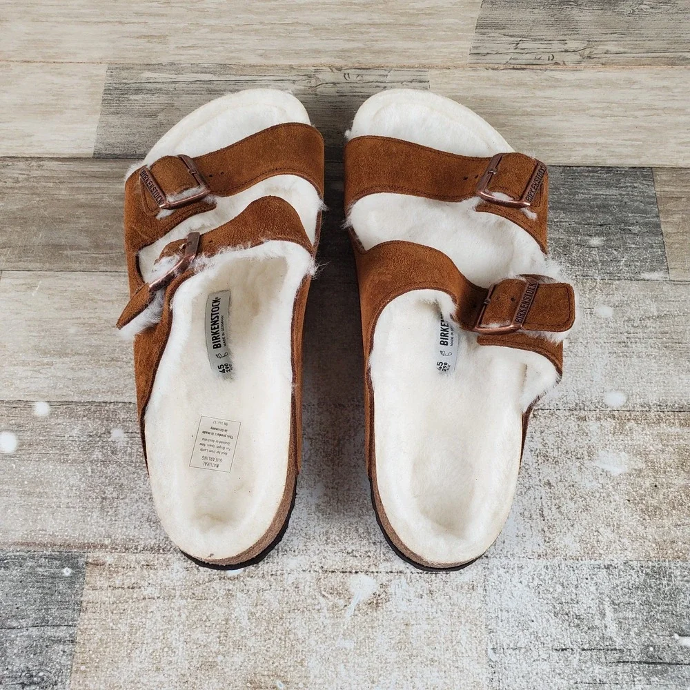 Birkenstock Arizona Shearling Sandals Mens 12 Mink Suede Adjustable Straps Lined